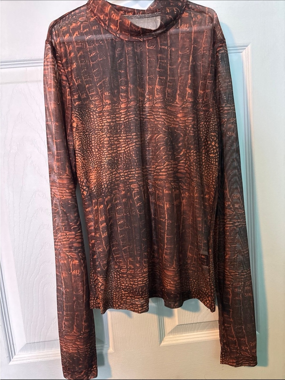 Croc-Embossed Long Sleeve Mock Neck Top in Brown & Rust